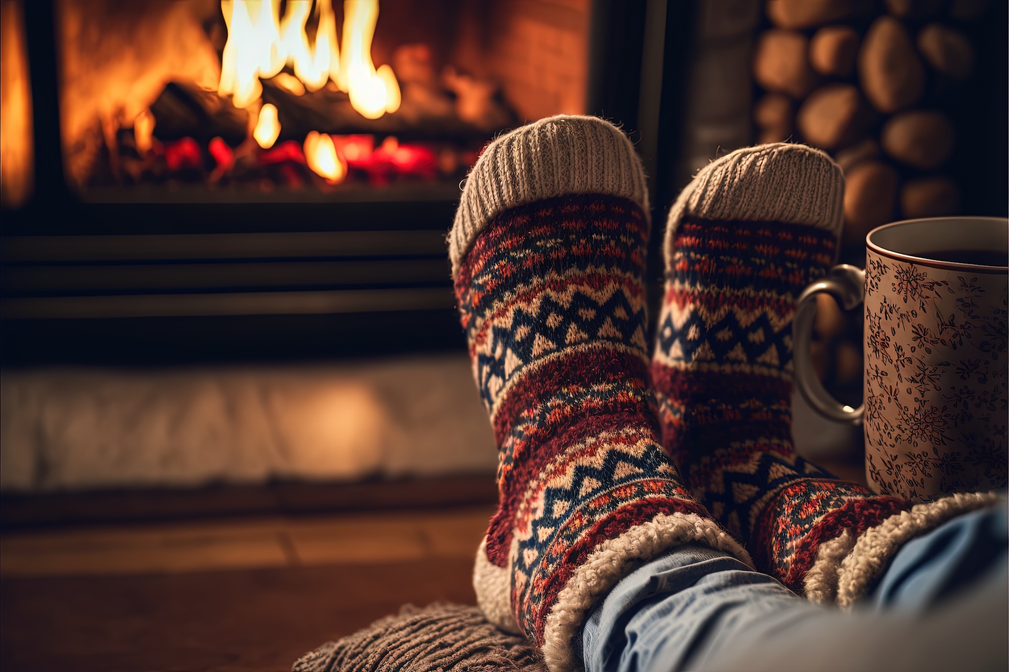 A pair of feet in knitted woollen socks next to a mug facing a lit fire in a fireplace.